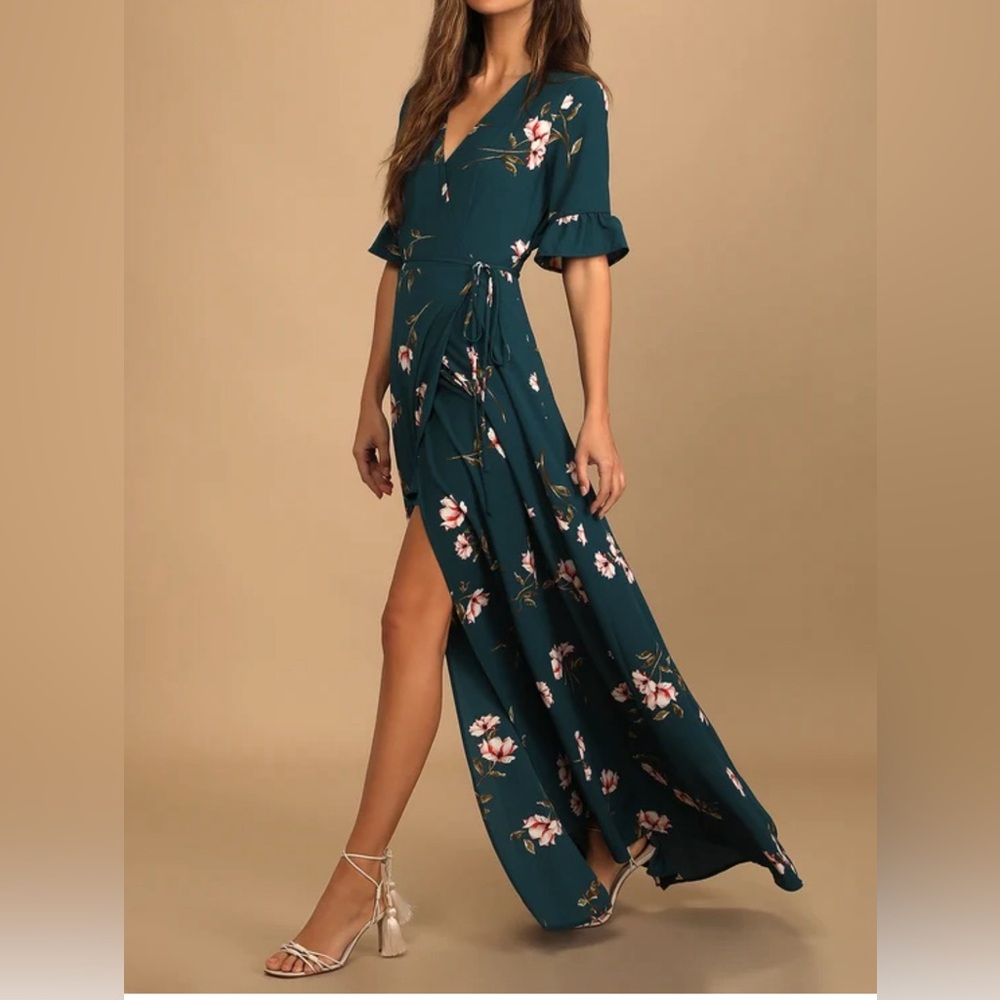 Lulu’s September Sunsets Dark Teal Floral Print Wrap Maxi Dress